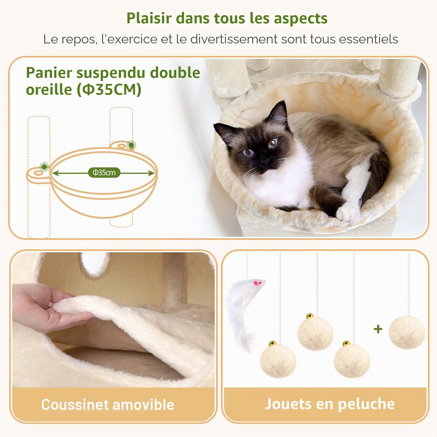 Globlazer Arbre à Chat Beige XXL pour Grand Chats 192cm avec Immense Niches 48*48*30CM, 3 Perchoirs Rembourré, Doux Panier, Planche Sisal, Arbres a Chat Stable pour 3-4 Chats Adulte Repos (F75, Beige)