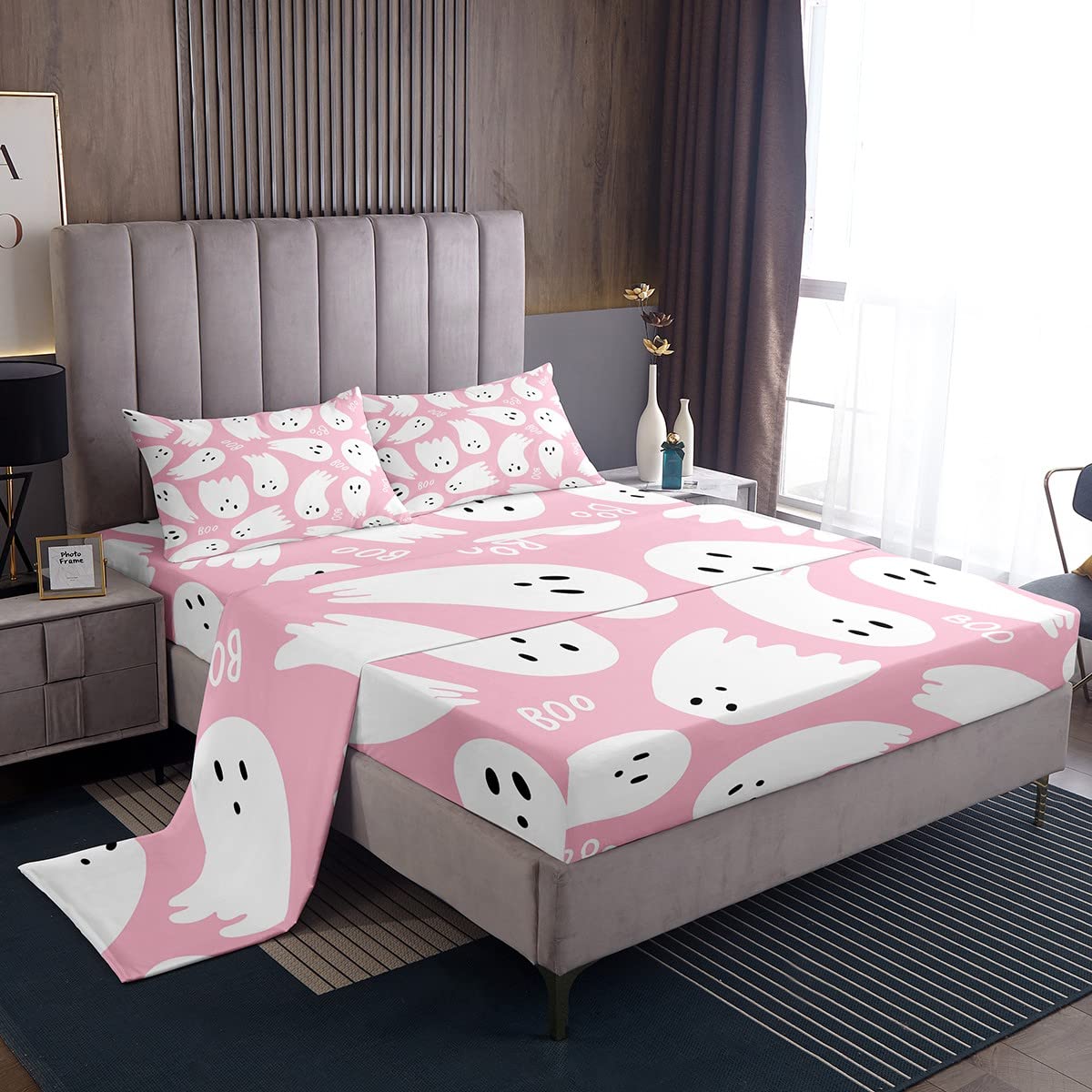 Castle Fairy Happy Halloween Bed Sheet Set Twin,Cartoon Ghost Pink White Flat Sheet for Kids Children, Watercolor Print Ultra Soft Deep Pockets Bed Sheet Set 3 Piece
