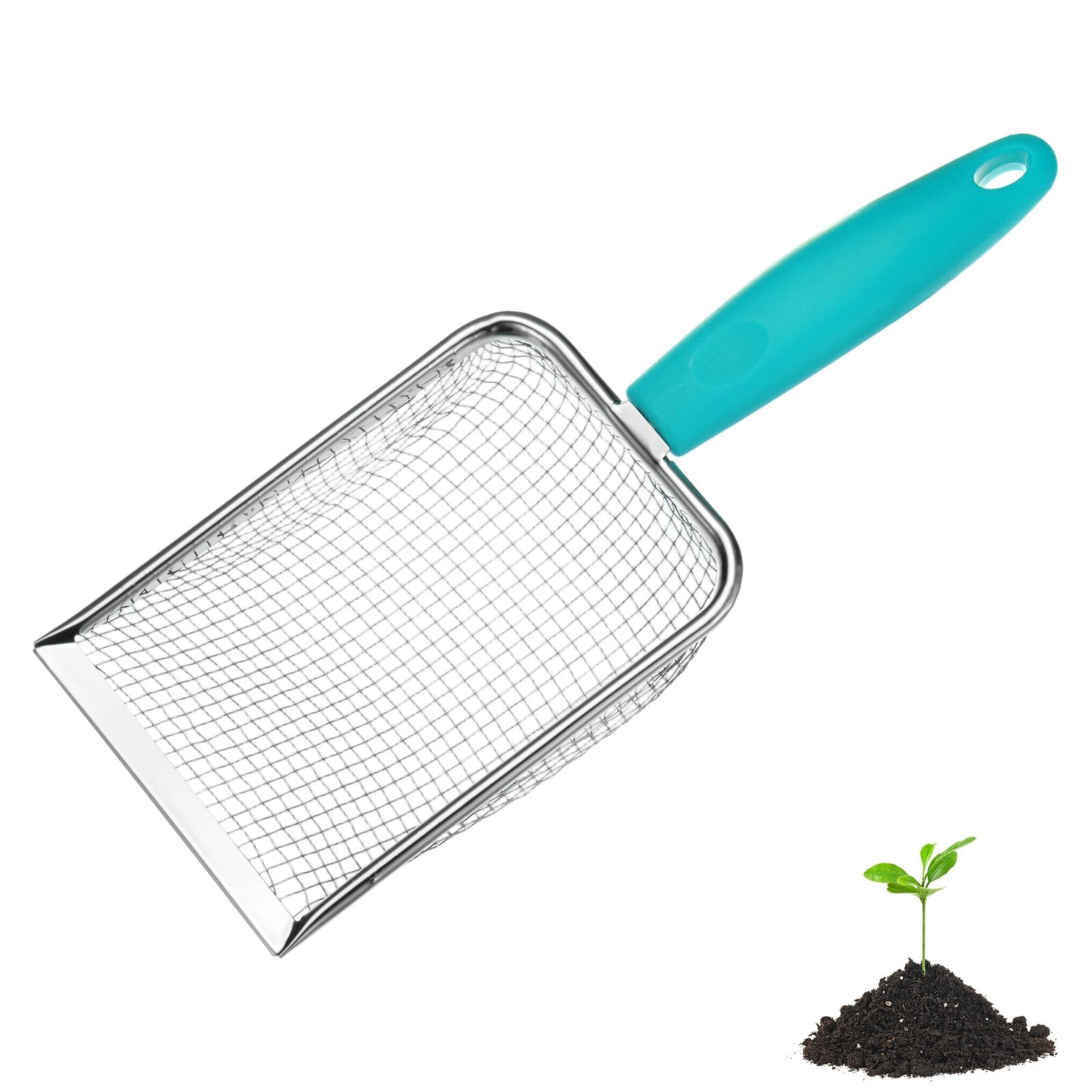 M METERXITY 1-Pack Gardening Soil Sifter, 3.8 mm Mesh Stainless Steel Portable Gardening Sifter with Plastic Handle for Sand/Dirt/Rock Compost [White, Blue]