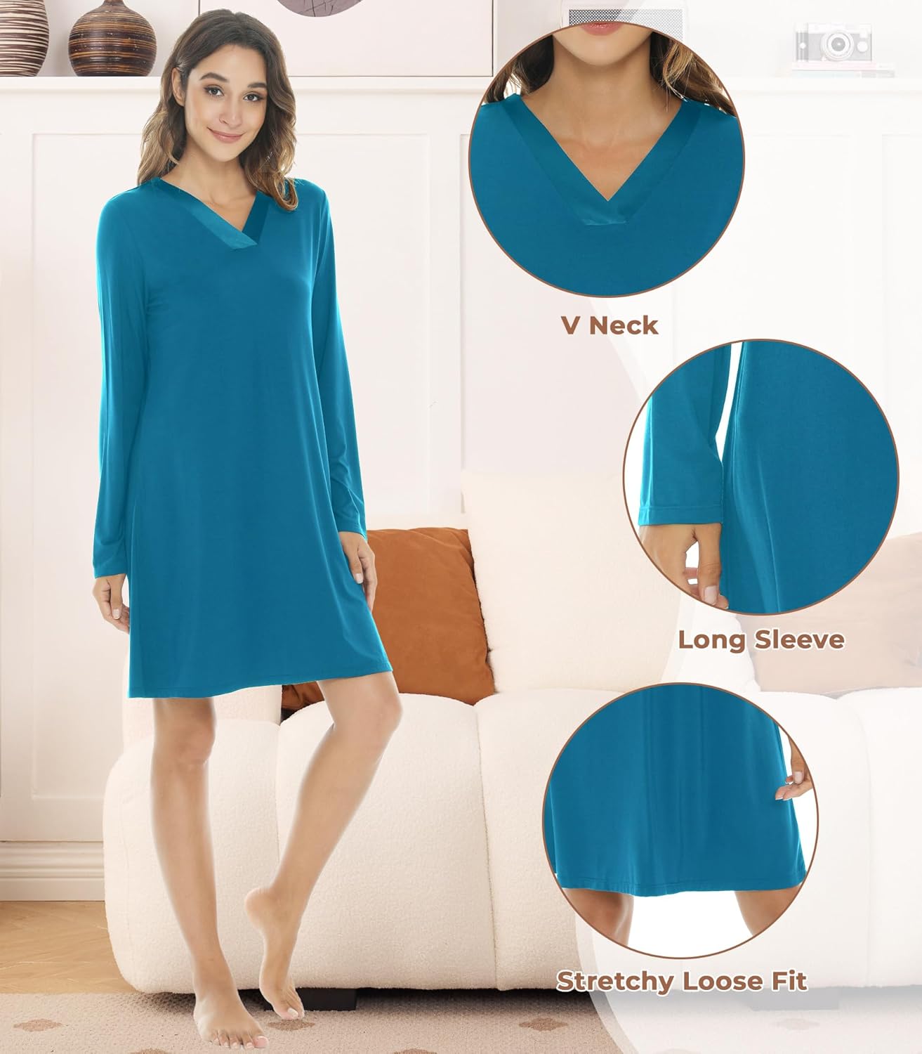 NACHILA Nightgowns for Women-Viscose Made from Bamboo,Long Sleeve Night Shirt Soft Sleepshirt Satin V Neck Sleepwear - Image 4