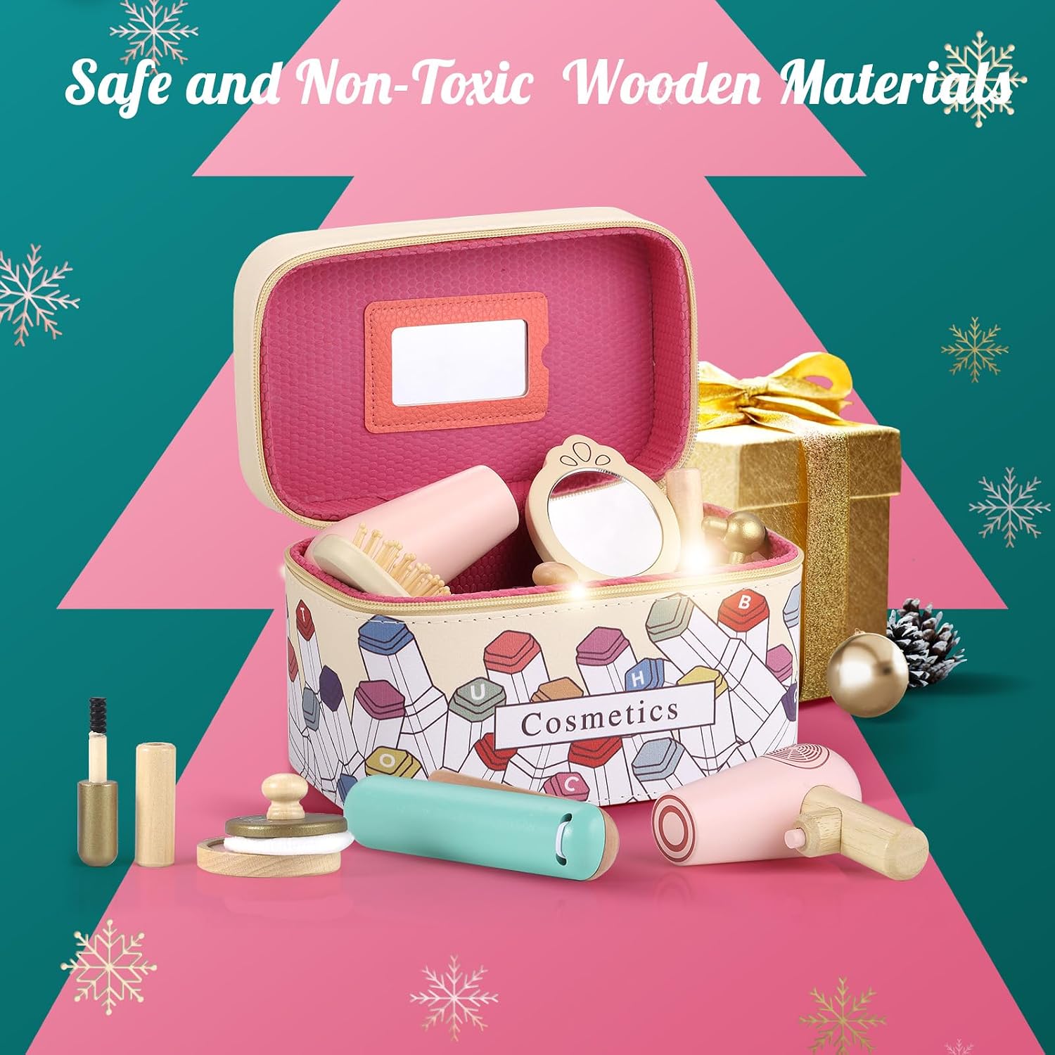 GAGAKU Wooden Makeup Toy Set Wood Hair Salon Playset Toddler Wooden Makeup Kit for Girls,Christmas Birthday Gift for 3 4 5 6 7 Years Old Kids