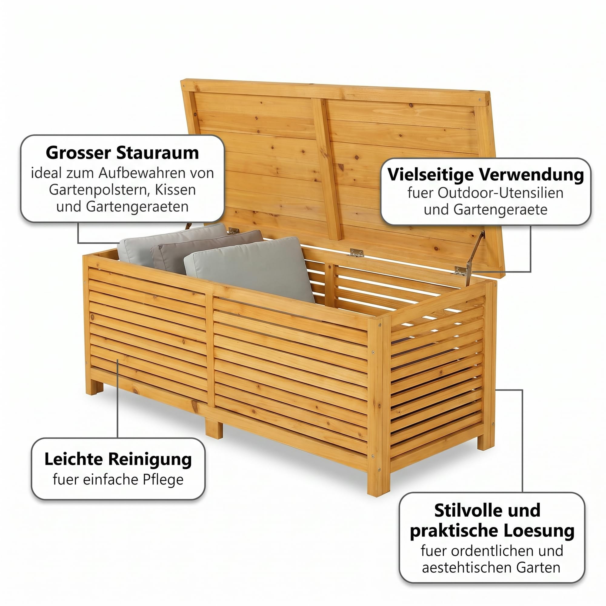 Mucola Auflagenbox Kissenbox Gartentruhe mit Deckel 140x46x52 cm Holz Braun | wetterfest und robust, Platz für Gartenpolster und Gartengeräte, aus Massivholz, individuell gestaltbar und streichbar