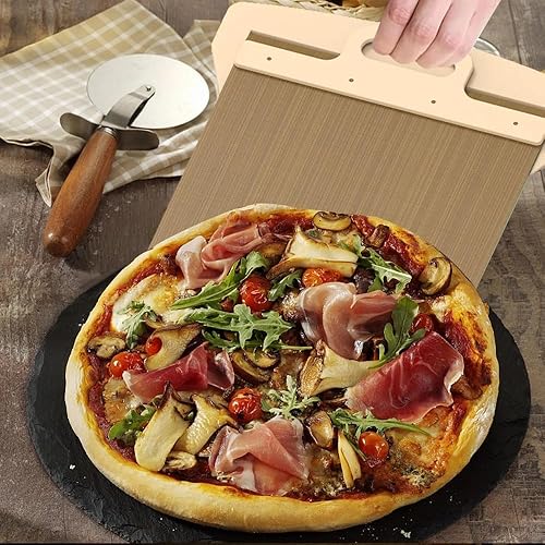 Miniatura 3 de Pala deslizante de pizza prémium  espátula de pizza antiadherente con mango de madera  Deslizador inteligente de pizza para hornos de interior y