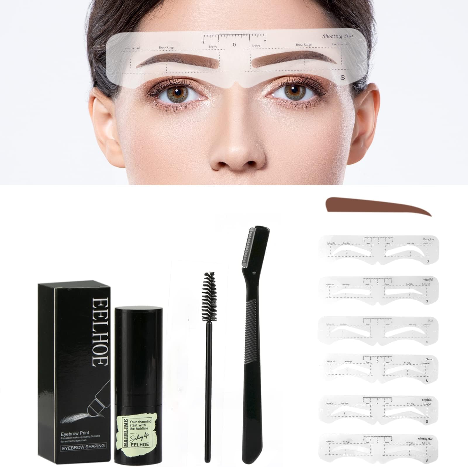 Waterproof Eyebrow Stamp Stencil Kit, One Step Brow Stamp Shaping Kit Stamp, Suitable for Beginners Eyebrow Pencil Set, 6 Set Reusable EyeBrow Stencil (Medium Brown)
