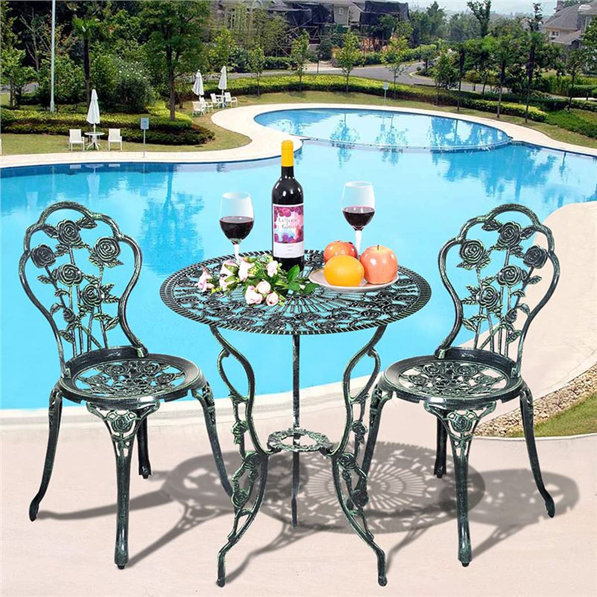 RELAX4LIFE Tavolo da Giardino con Sedie, Set da Giardino 3 Pezzi in Alluminio e Ghisa, Tavolo da Giardino con Foro per Ombrello, Tavolino Rotondo e 2 Sedie, per Balcone, Piscina, Cortile (Modello 2)