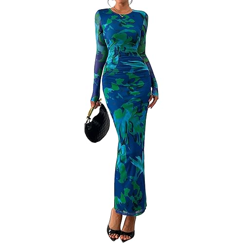 PRETTYGARDEN Wedding Guest Dresses for Women Spring Long Sleeve Ruched Bodycon Floral Mesh Cocktail Party Fall Maxi Dress