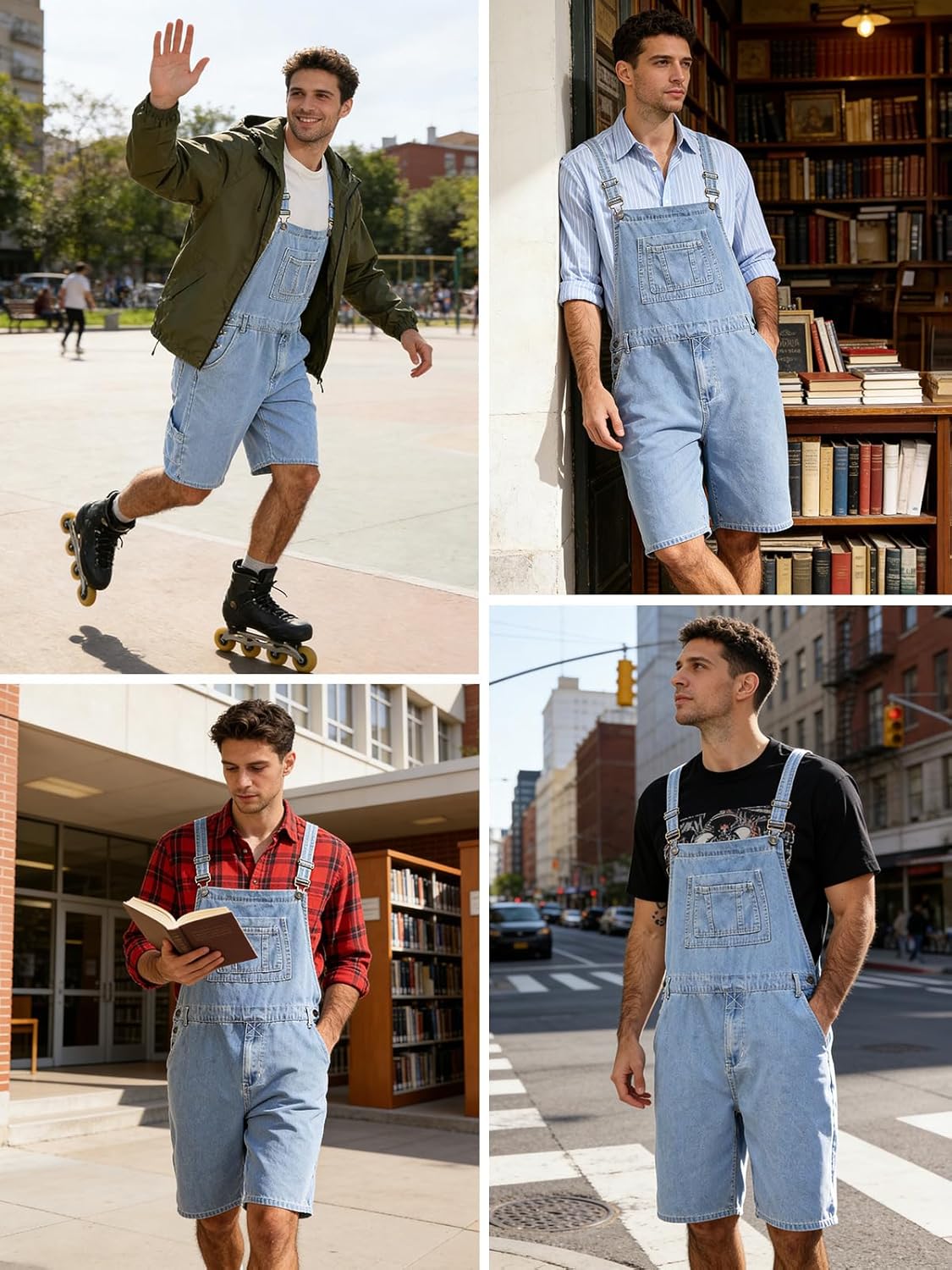 Men's Denim Overalls Cargo Jean Shorts Jumpsuit Loose Fit Work Bib Coveralls with Zipper