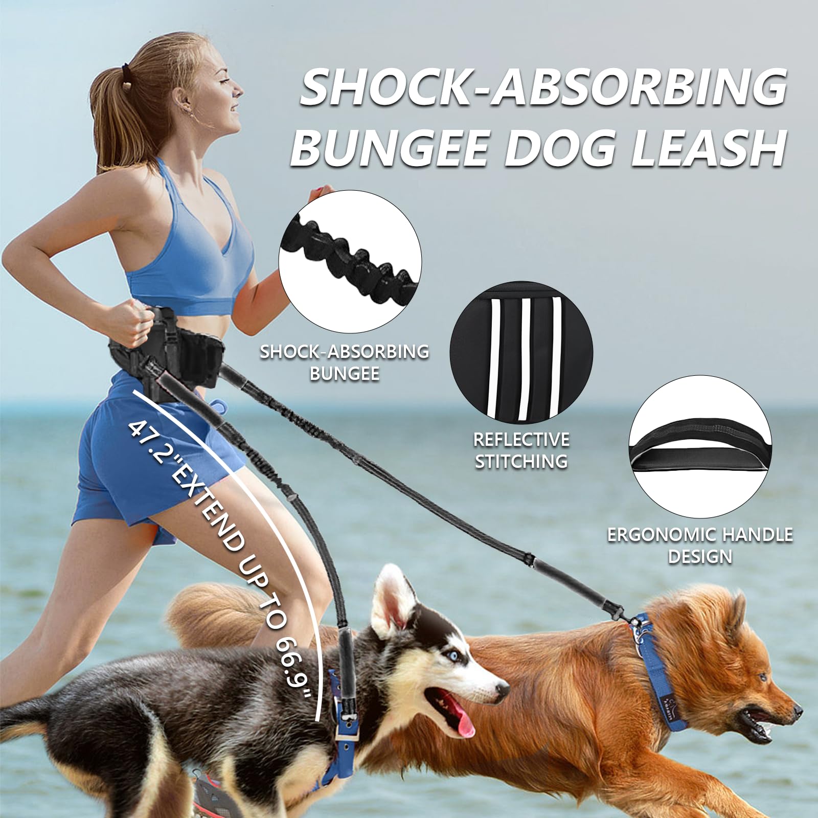 Hundeleine für mittelgroße Hunde – verstellbarer Laufgürtel mit Kotbeutelspender und Tasche für große und kleine Hunde, reflektierende Bungee-Leine, Doppelgriffe zum Laufen, Wandern, stoßdämpfend