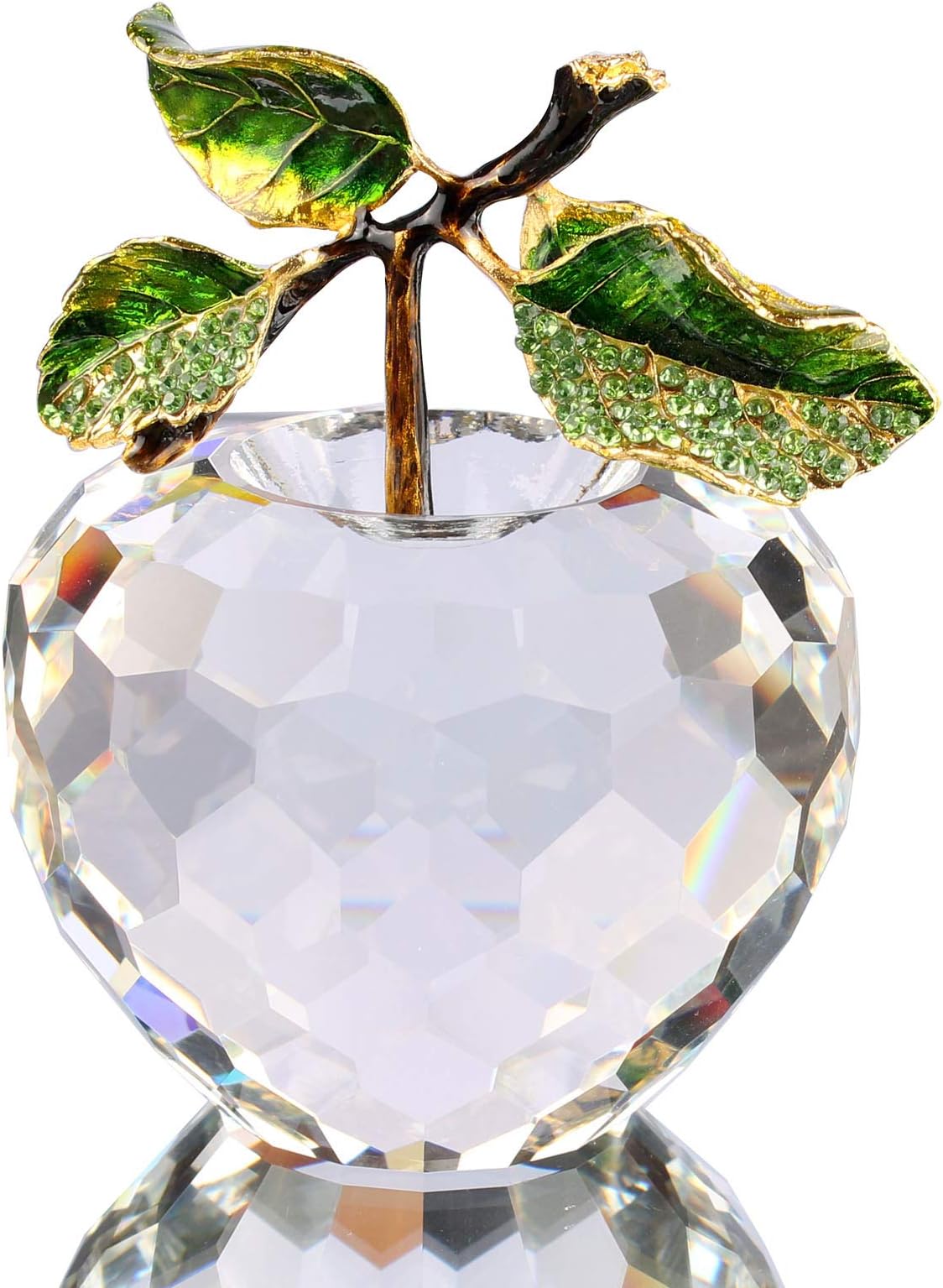 Faceted Crystal Glass Apple Figurine Paperweight Enameled Rhinestone Leaves Blessing Apple Statue 3.5 Inches (Enamel Leaves)
