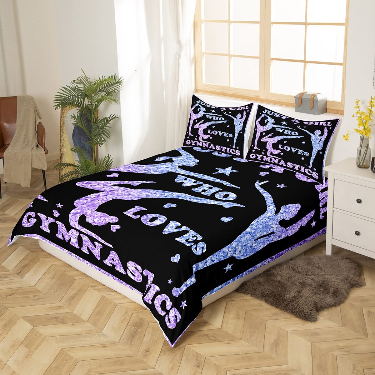 Gymnastics Bedding Set Girls Gymnastics Lovers Bedding Duvet Cover Set for Daughter Girls Kids Gymnast Sports Decor Comforter Cover Set Purple Glitter Bedspread Cover Bedroom Quilt Cover King Size - Image 3