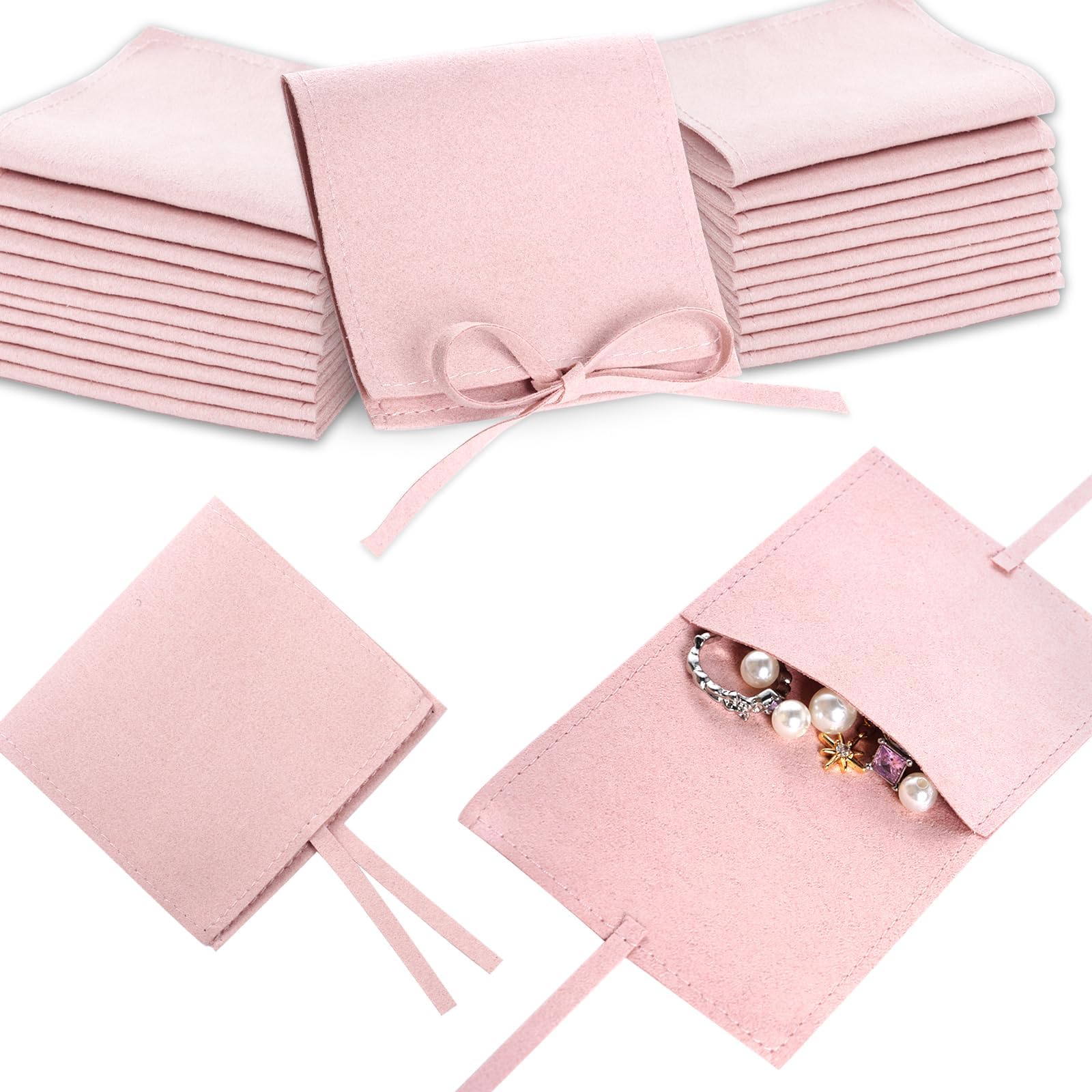 20pcs Microfiber Jewelry Pouch, 8x8cm Microfiber Jewelry Bags Bulk,Jewelry Packaging Bags,Small Jewelry Gift Bag with Bow Tie Envelope Style with Strings (Pink)
