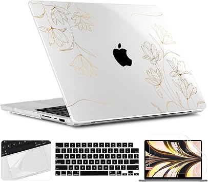 TWOLSKOO Compatible with MacBook Pro 14 inch Case M5 2026 2025-2021 Release M4 M3 M2 M1 Pro/Max Chip, Plastic Hard Shell & Keyboard Cover & Screen Protector & Trackpad Film, Golden Floral