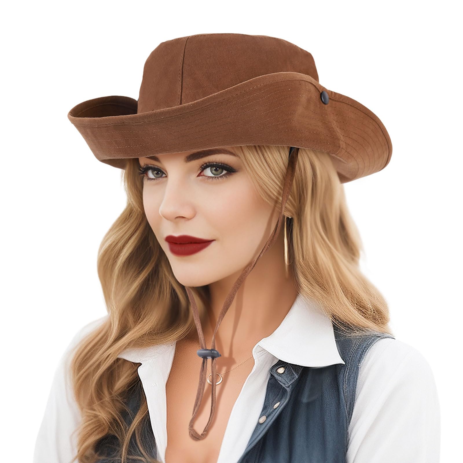 DOCILA Cowboy Bucket Hat for Women Western Brown Cowgirl Sun Hats Large Brim Cross Stripes Decor Outdoor Fall Autumn Sunscreen Protection Fisherman Boonie Caps Adjustable String