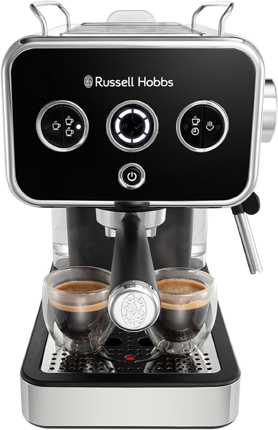 Russell Hobbs Distinctions espressovél sem gefur frá sér kaffi í tvo bolla.