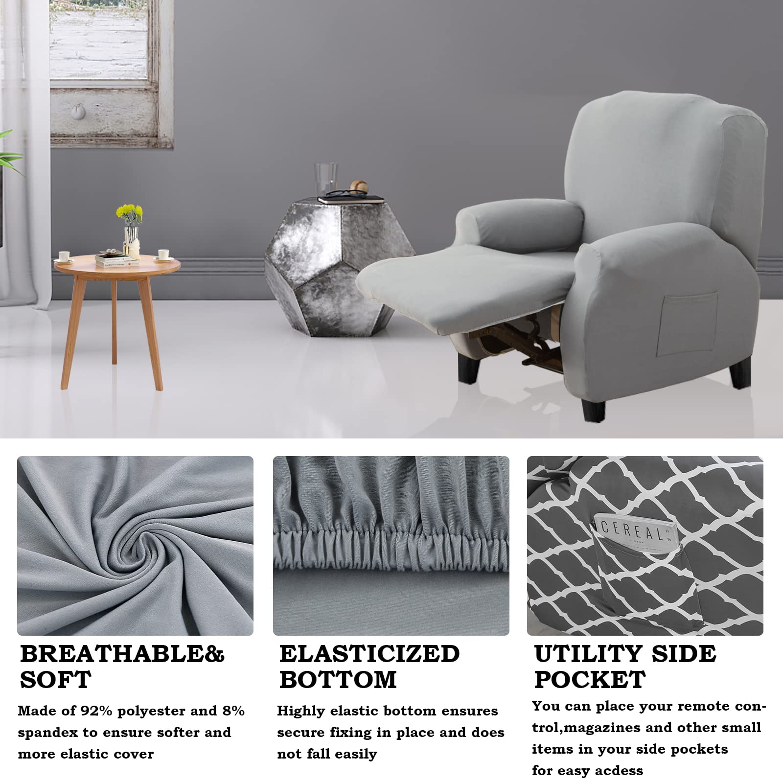 Lydevo Copripoltrona Relax Reclinabile Universale, Reclinabile con Tasche, Elasticizzato Lavabile Rimovibile, Fodere per Poltrona Relax, Grigio Chiaro