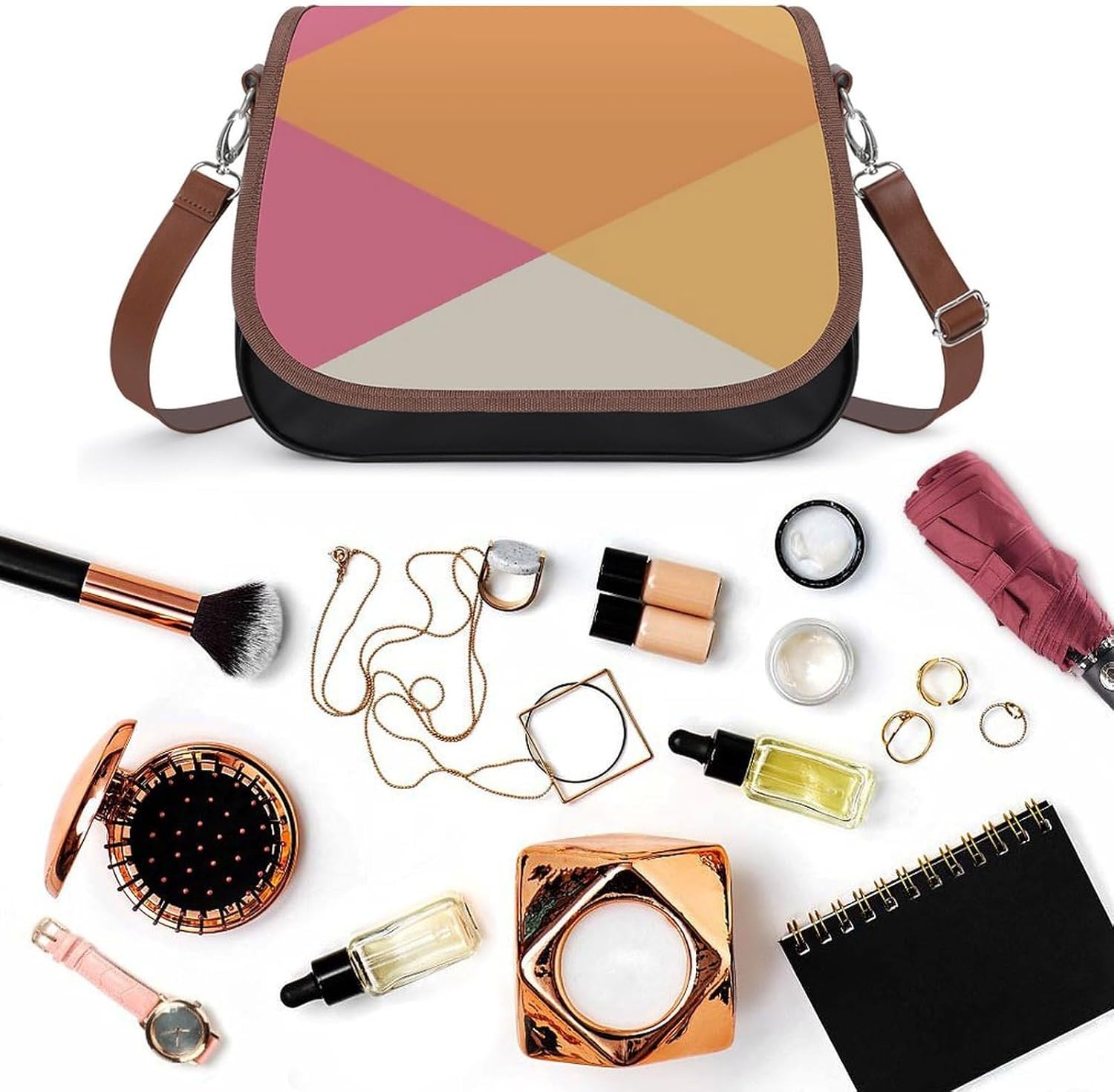 Mid Century Vintage Geometric PatternWomen's Faux Leather Crossbody Bag, Waterproof Wrinkle-Resistant Shoulder Bag with Detachable Strap, Large Capacity Casual Handbag, Fashion Daily Purse for Shoppin
