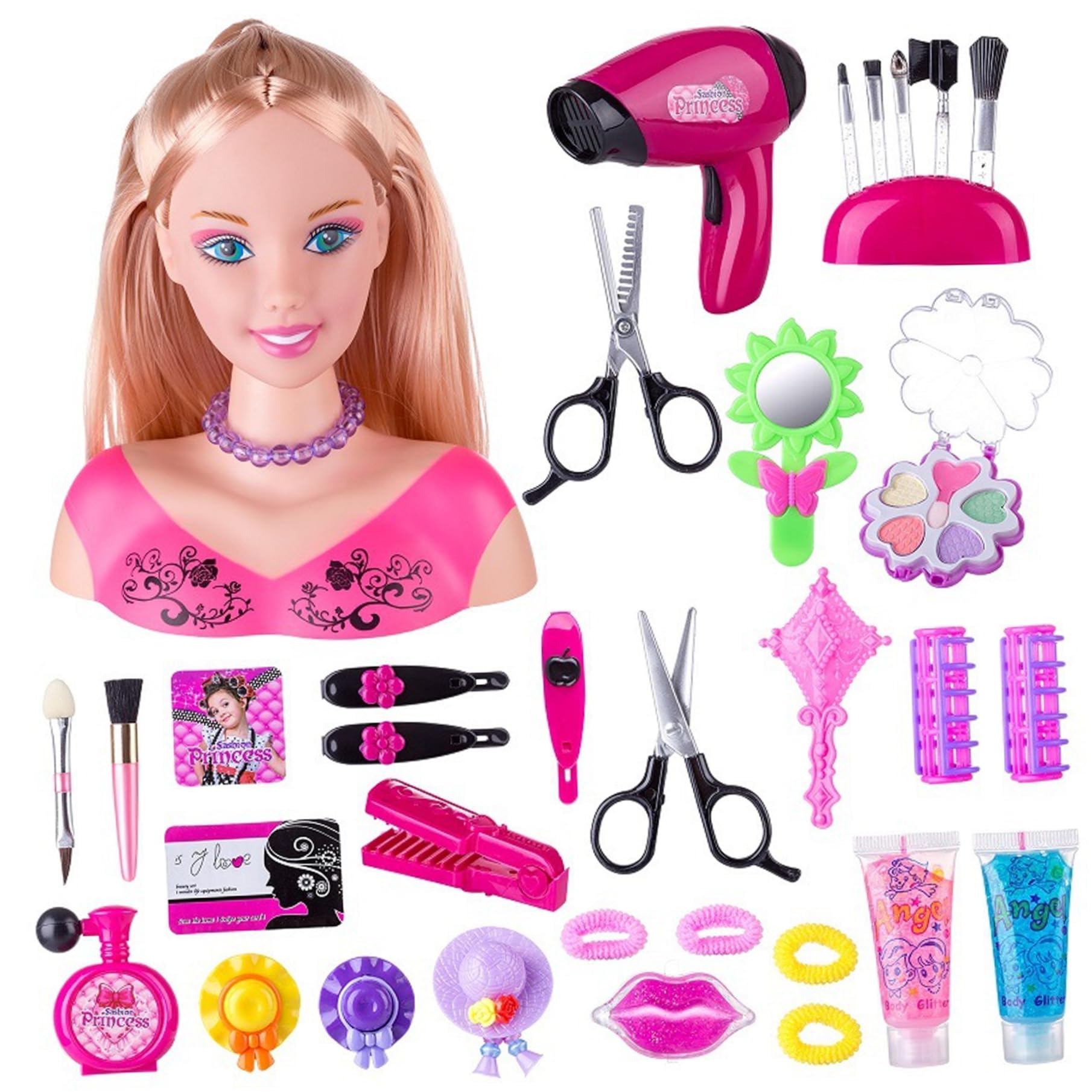 Cabeza de muñeca para peinado 35pcs/set Doll de cabeza de estilo simulado para niños con secador de cabello con batería Imaginativo y maquillaje aprendizaje Fingente Jugar para niñas, Style 2 Fingend