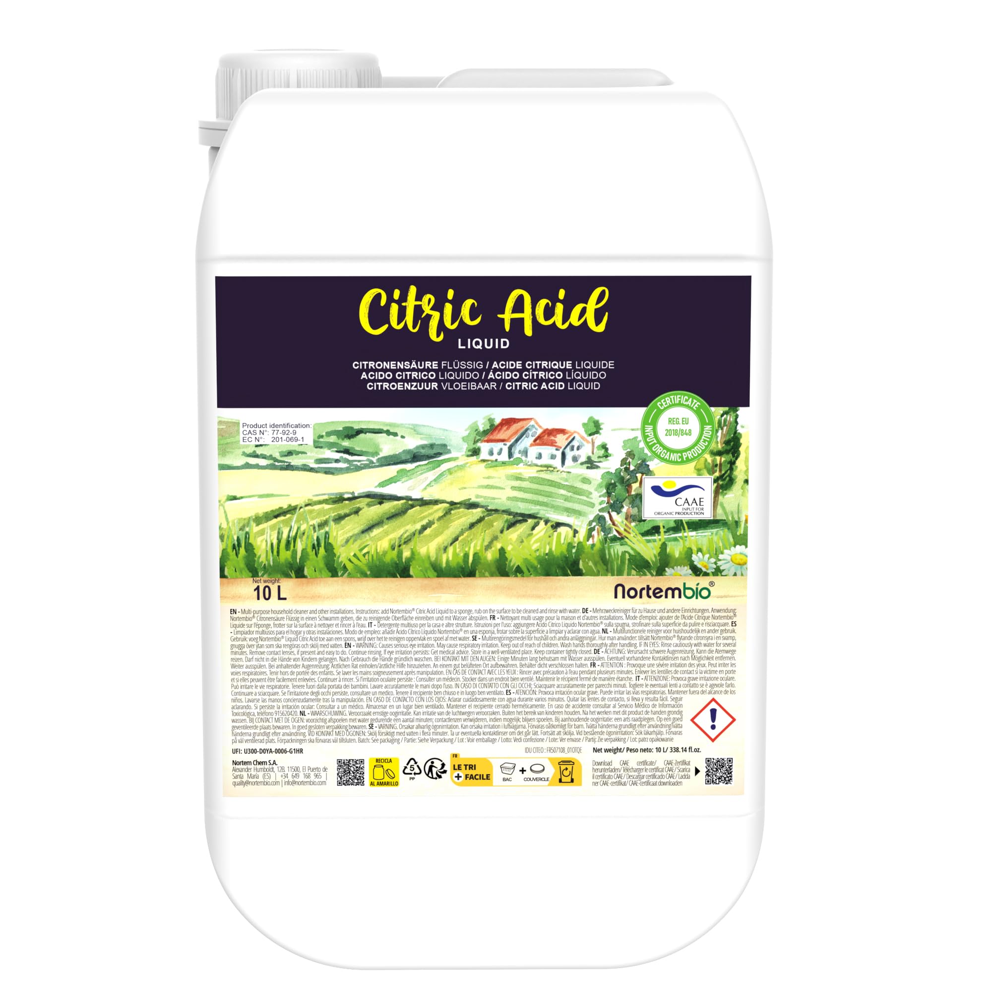 Nortembio Acido Citrico Ecologico 10 L Liquido Concentrato 100% Puro e Naturale Multiuso per Pulizia Domestica, Cucina e Bagno + eBook Gratuito Incluso