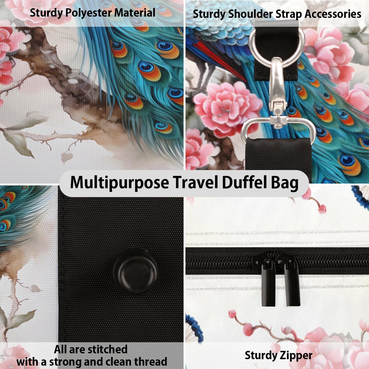 Tree Branch Flower Beautiful Peacock Travel Duffel Bag for Women Men Large Capacity Overnight Weekender Bags for Lightweight Waterproof Sport Gym Bag for Workout Yoga Swim