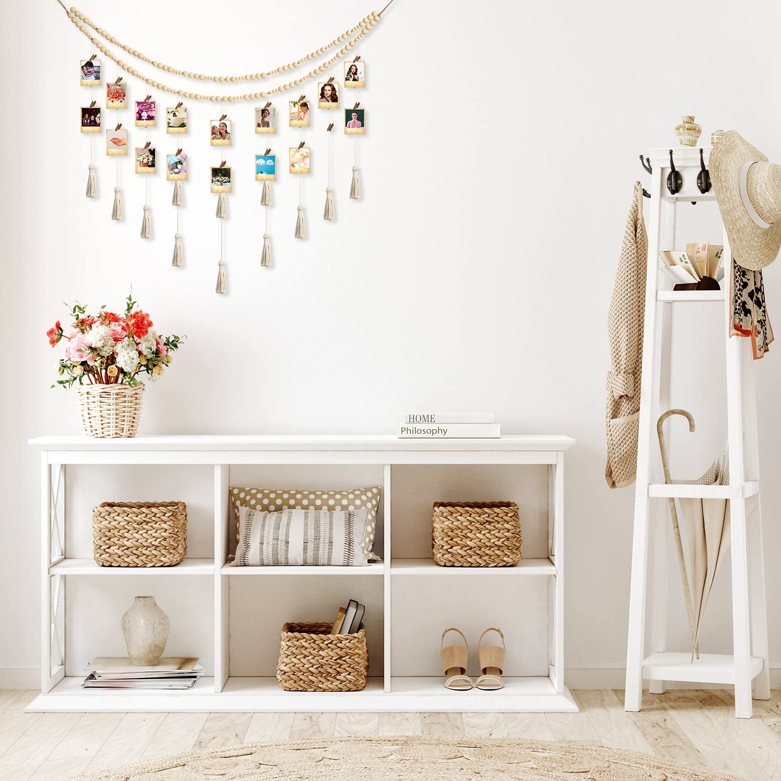 Exhibición de fotos colgante de macramé bohemio para colgar en la pared con 24 clips de madera, marco de collage de macramé con cuentas de madera, decoración de habitación de doble capa, 5
