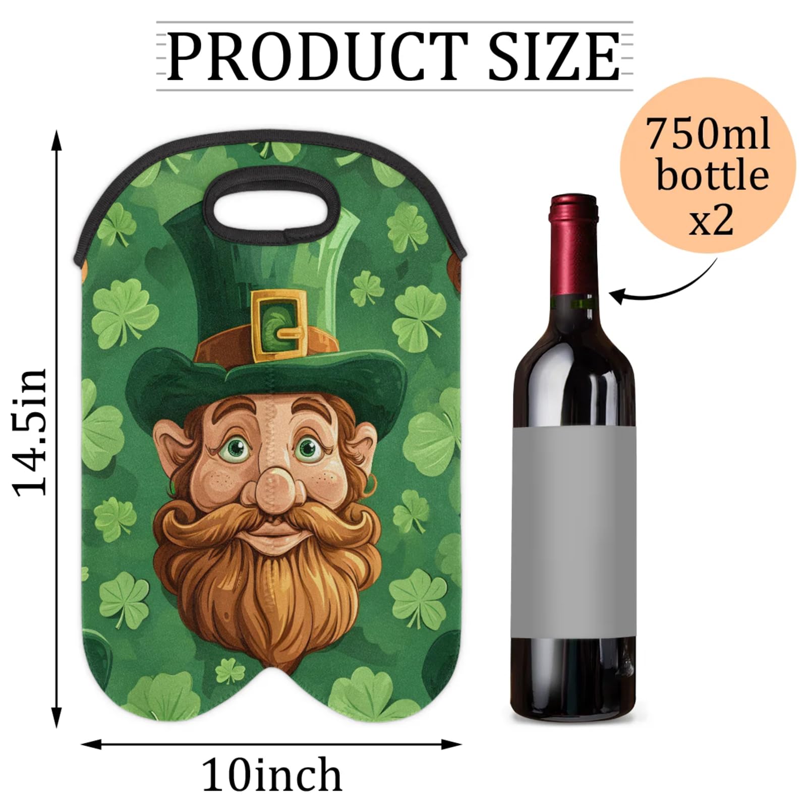 GzLeyigou 2 Bottles Elves St. Patrick Wine Bag Sleeve Totes Four-Leaf Clover Neoprene Protective Wine Carrier Bag for Wine,Water, Champagne, Beer, Baby Bottles,Gift 14.5 x 10 Inches