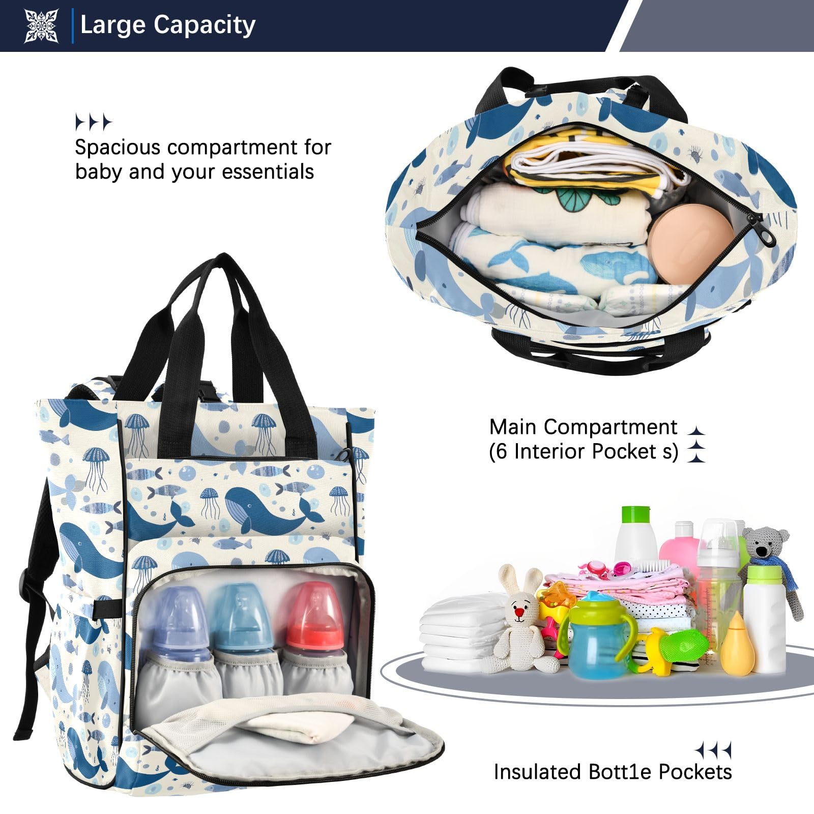 Mnsruu Modello astratto marittimo senza cuciture con balene e meduse borsa per pannolini per bambini zaino grande borsa impermeabile borse per pannolini da viaggio per mamme e papà