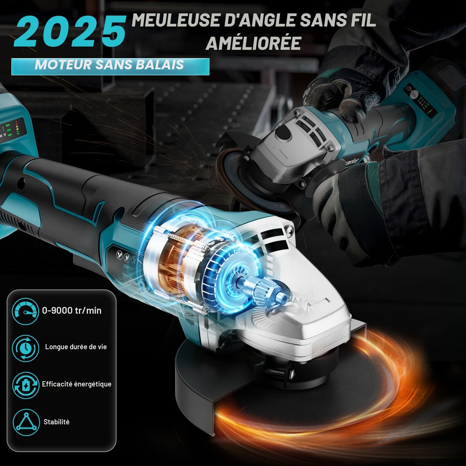 Ecarke Meuleuse d'angle sans fil pour batterie Makita 18V Li-Ion, meuleuse professionnelle sans balai 900W, 9000 tr/min, diamètre du disque 12,5 cm avec clé de meuleuse d'angle (sans batterie)
