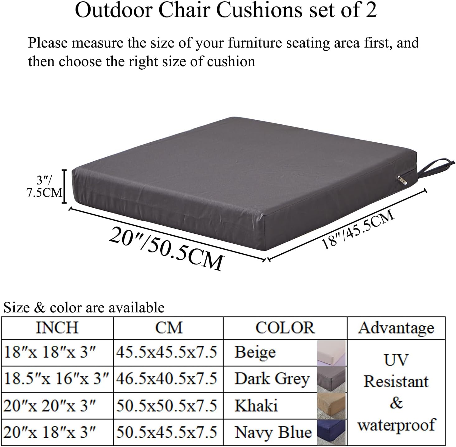 SAMTY 20 x 18 Inch Outdoor Chair Cushions for Patio Furniture, UV Resistant Non Slip Waterproof Replacement Patio Seat Cushion with Ties Set of 2, Beige