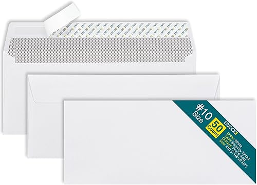 Sobres autosellantes #10 – 50 unidades – 4 1/8 x 9 1/2 pulgadas tamaño carta – Sobres de negocios #10 cierre de despegar y sellar, seguridad tintada