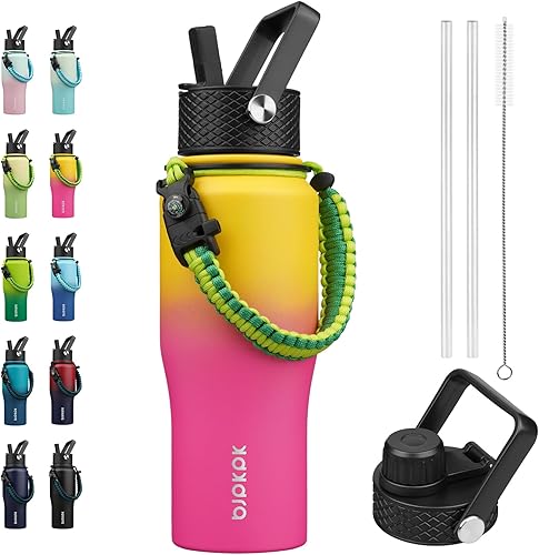 Miniatura 36 de BJPKPK Botellas de agua aisladas con tapa con pajita, botella de agua de metal de 23 onzas con 2 tapas y correa de paracord, vasos al vacío de acero