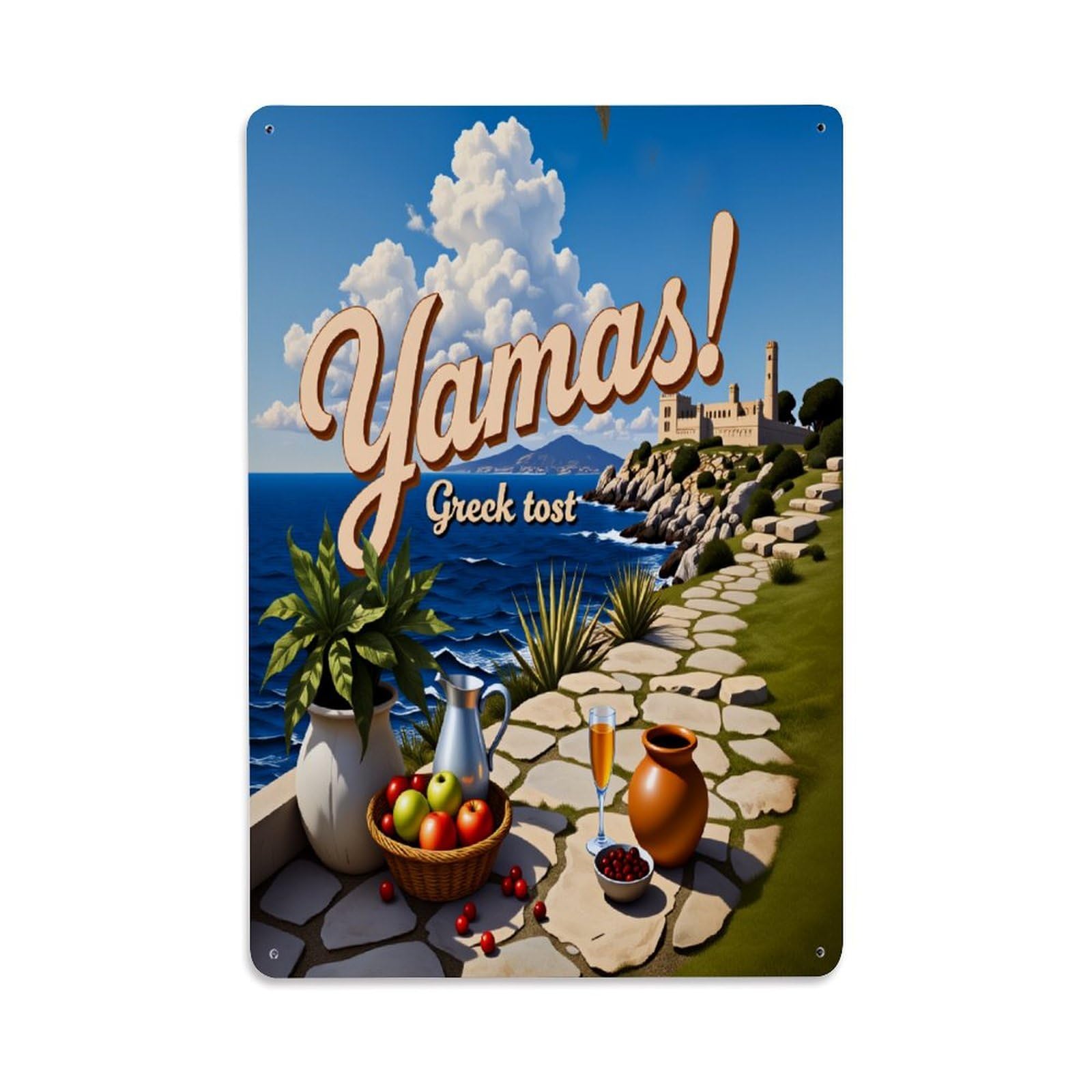 Enderetf Vintage Greek Landscape Fruit Vase Wine Tin Sign Retro Metal Wall Decor Metal Poster, Home Bar Garage Man Cave Cafe Indoor & Outdoor Decoration 8X12inches