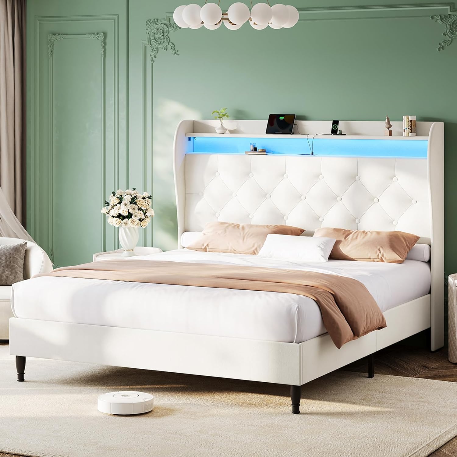 King Size Bed Frame with Tall Headboard,...