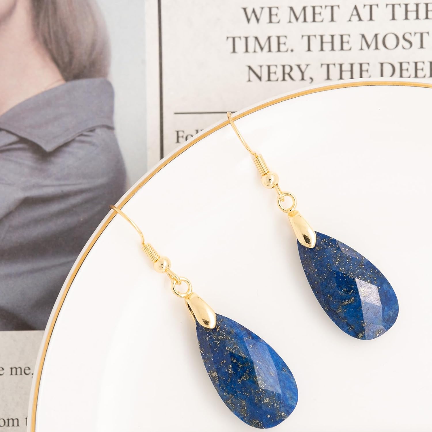 Teardrop Fishhook Dangle Drop Earrings for Women Blue Agate Crystal Earrings - Image 2