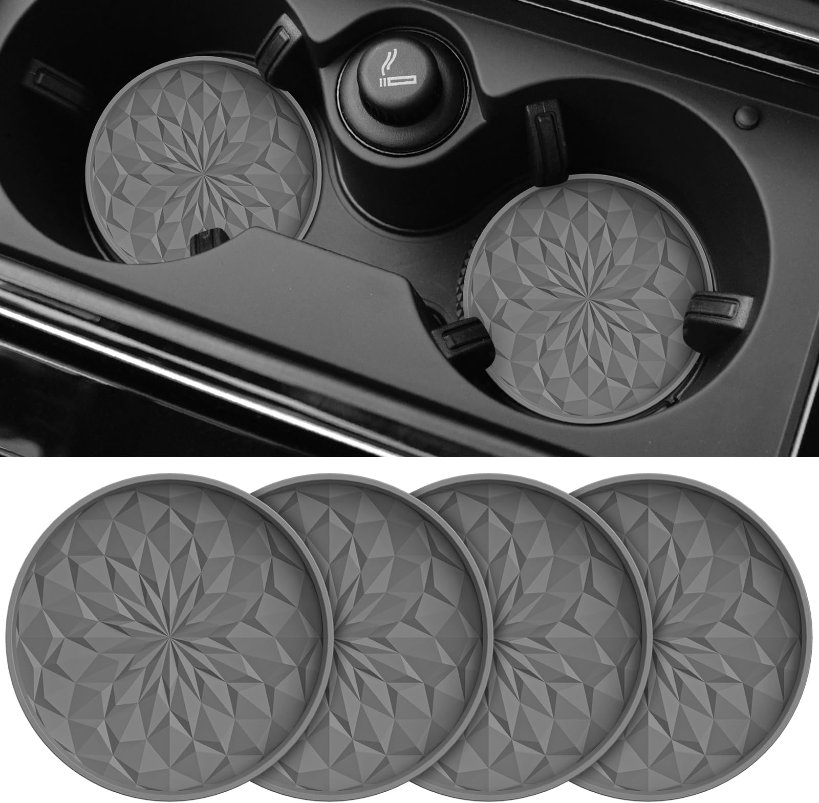 4 Pcs Car Coasters for Cup Holders for Chevy Silverado/GMC Sierra 2014 2015 2016 2017 2018, Non-Slip Cup Holders Embedded in Ornaments Coaster Silicone Auto Mug Mats,Grey