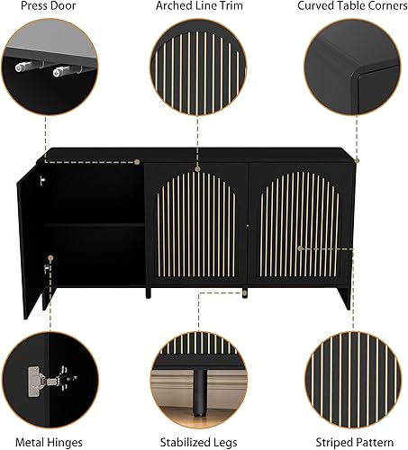 Miniatura 3 de Armario buffet de 59 pulgadas con almacenamiento, armario de almacenamiento de consola de TV arqueada de madera con 3 puertas y estante ajustable,