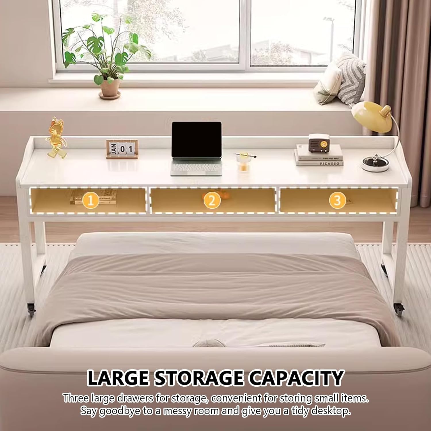 Mesa de cama con ruedas, escritorio móvil con almacenamiento, mesita de noche para laptop, estación de trabajo para dormitorio, ideal para trabajar y escribir