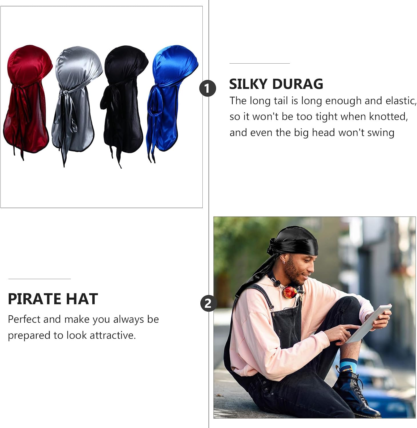NOLITOY 4pcs Polyester Pirate Hats Long Tail Durag Headwrap Caps Elastic Bandana Turban Set for Men and Women Daily Wear Sleep Hair Cover