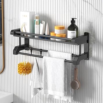 Towel Rack Bathroom Shelf with Towel Bar Towel Holder Wall Mounted Stainless Steel 40/50/60/70/80cm Towel Shelf with 5 Hooks 1/2/3 Tier Bathroom Shelves Shower Organizer Storage No Drill Matte Black
