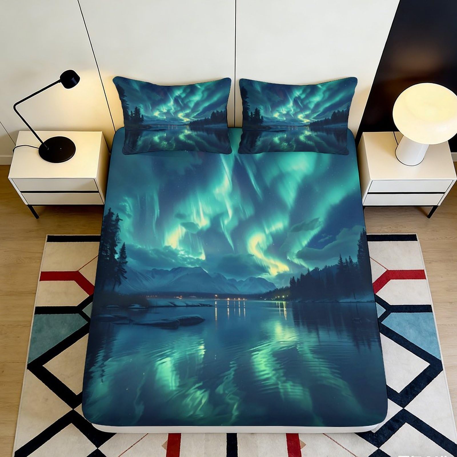 3D Printed Aurora Borealis Fitted Sheet Microfiber Soft Bedding Northern Lights Mattress Cover for Bedroom Dorm Decor 90x200x25cm