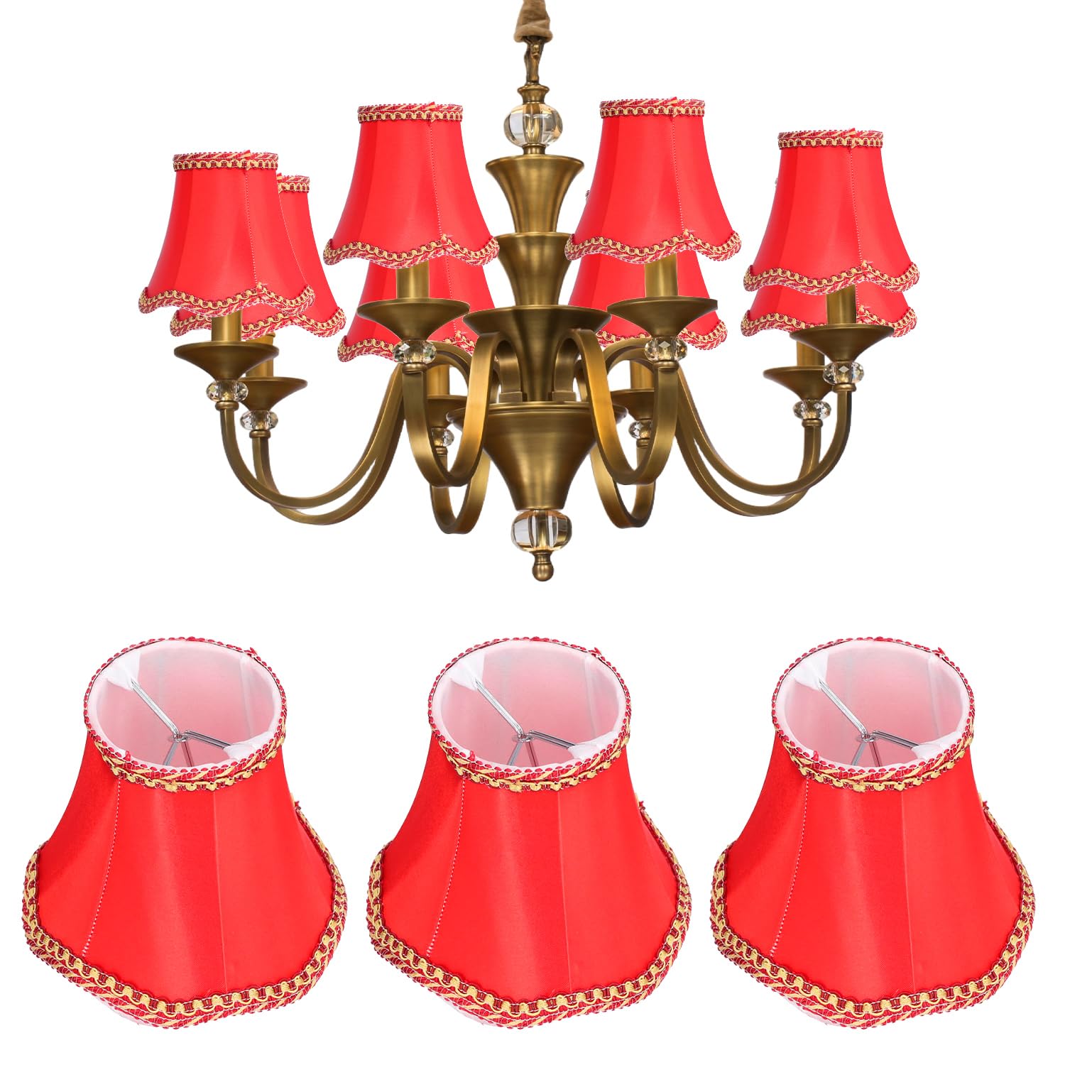 Bell Lamp Shades, 3 Pcs E14 Scalloped Lamp Shades Set Clip On Lamp Shade with Petal Edge Braid Silk Fabric Spider Lampshades for Home Wall Candle Lamps Chandelier Red โ image 1