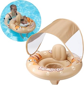 Inflatable Baby Swimming Float with Safe Seat and Canopy for Age 6-36 Months Toddler