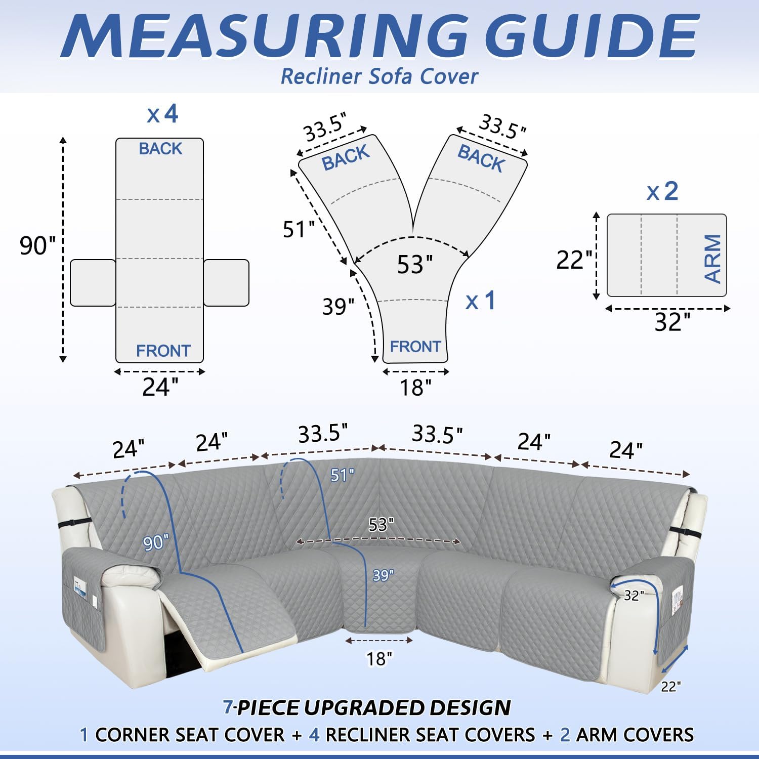 arfntevss recliner sectional couch covers 1oo% waterproof l shape sofa cover for reclining l shaped sectional slipcover for dog washable corner non slip furniture protector (5 seater, silvery gray) 5 seater silvery gray