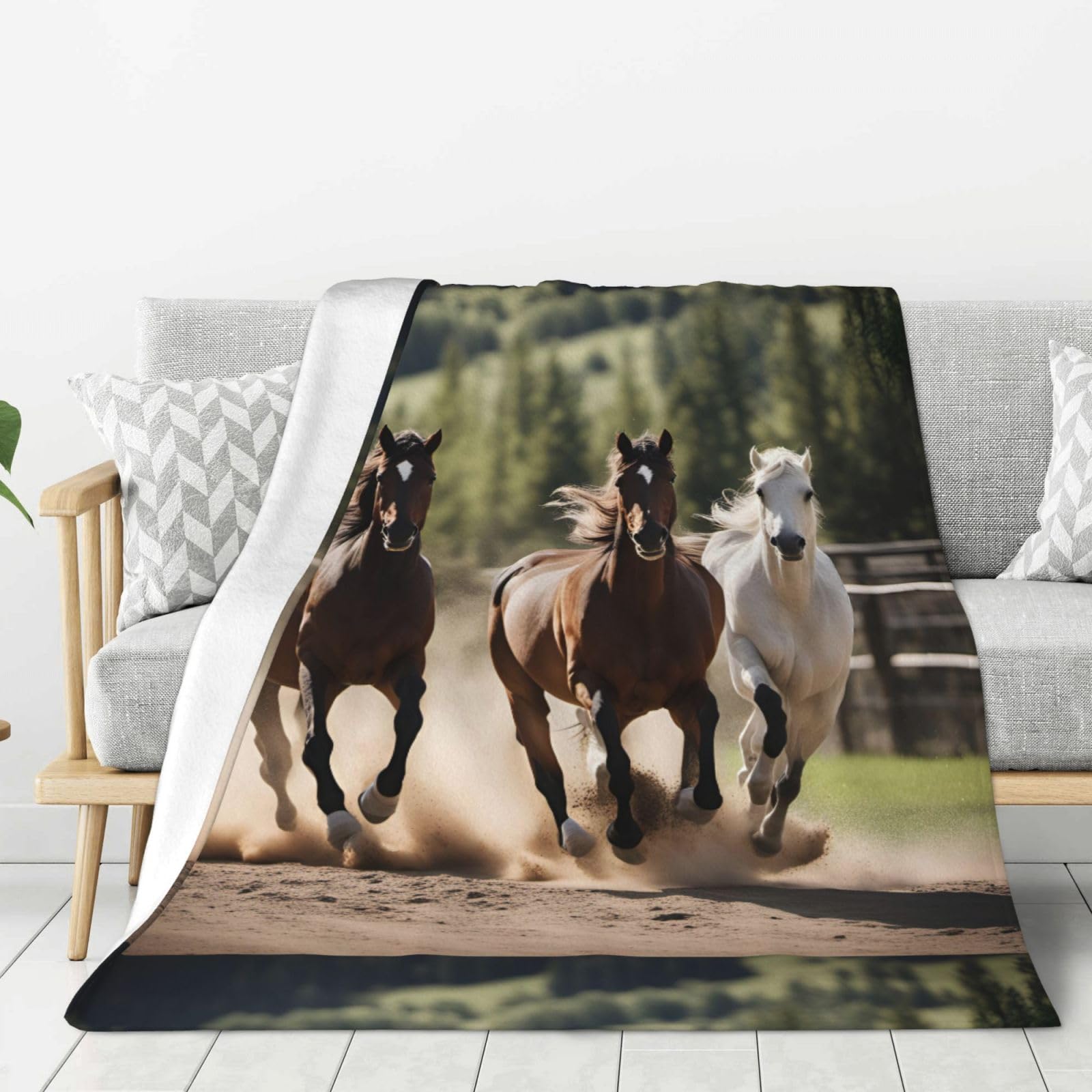 Grande couverture épaisse et douce motif trois chevaux contre le froid
