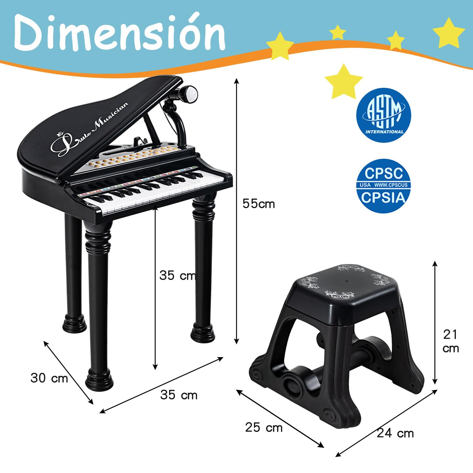 SOARS Piano de Cola Infantil 31 Teclas, Juguetes Musicales con Taburete, Piano Infantil Multifuncional con Micrófono y Luces para Guiar la Enseñanza, con Karaoke Modo, para Niños +3 Años (Negro)