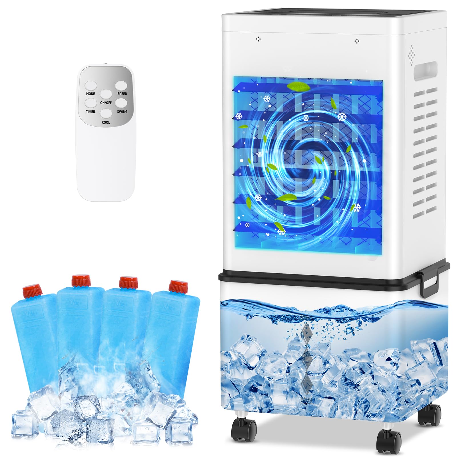 Portable Air Conditioner, 12L Evaporative Air Cooler with Remote, 6 Speeds & 2 Modes, 24H Timer, 45W Energy Saving, Mobile Air Conditioning Unit with Wheels for Home Office Bedroom Kitchen