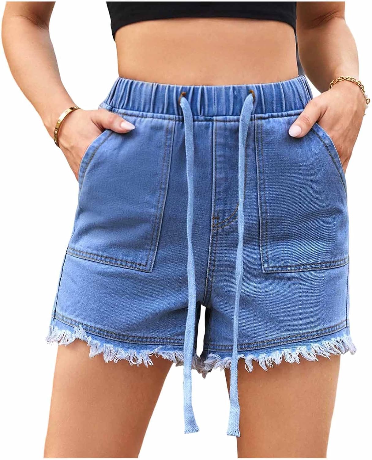 Jean Shorts for Women Trendy High Waisted Ripped Distressed Hem Stretchy Denim Shorts Drawstring Country Outfit