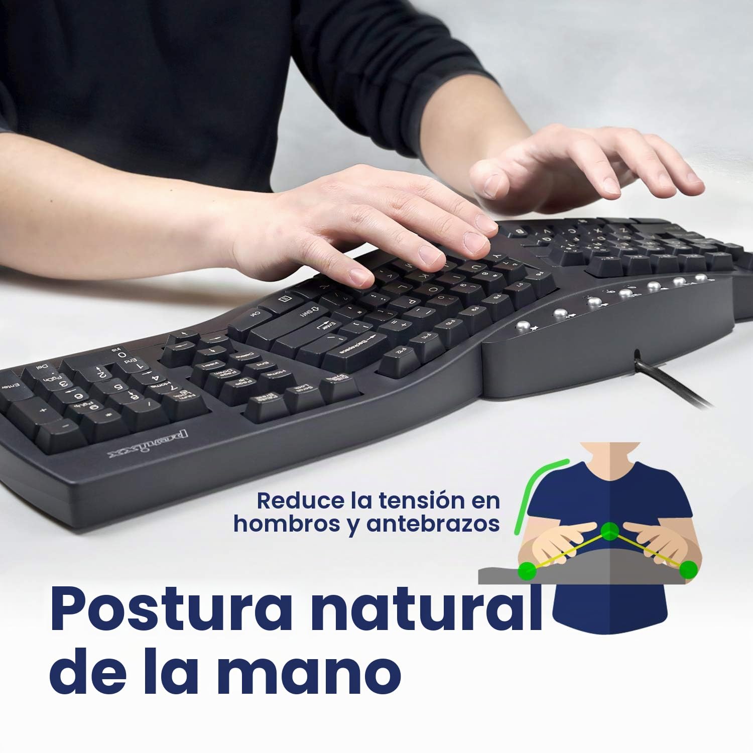 Perixx PERIBOARD-512 Teclado ergonómico con cable natural dividido con 7 teclas multimedia, negro, diseño del Reino Unido