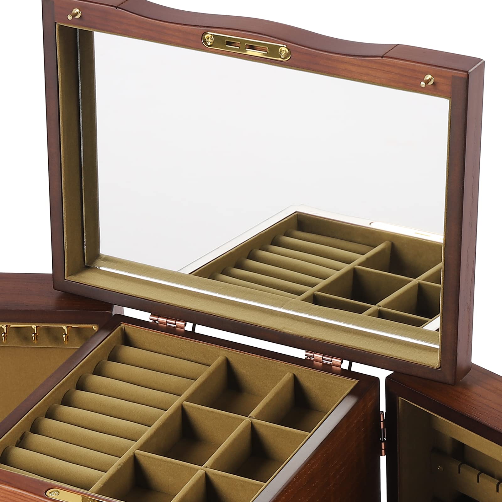 Grande boîte à bijoux en bois à 5 niveaux, verrouillable, style rétro, avec miroir, pour bagues, boucles d'oreilles, colliers et accessoires