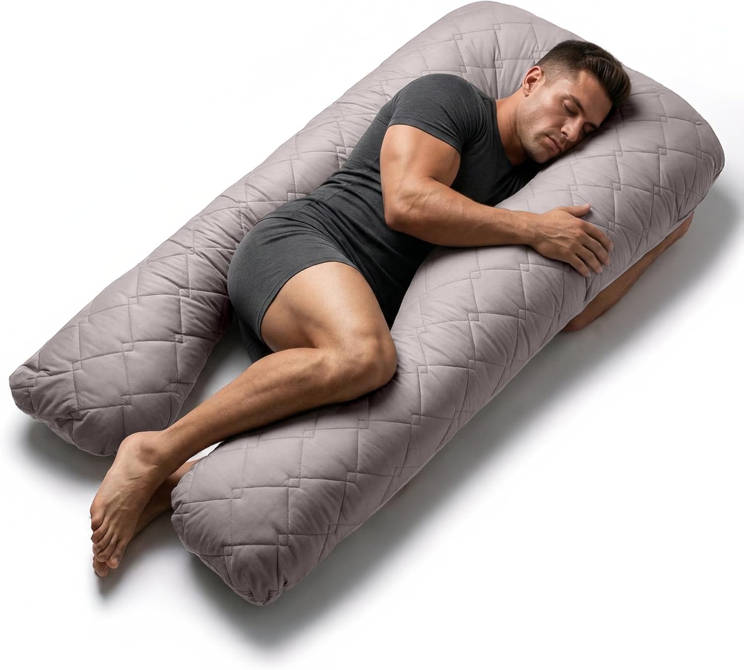 U Shaped Body Pillow for Side Sleepers Full Body Support Pillow for Back Pain Relief & Recovery Quilted Microfiber Cover Firm Long Pillow Full Body Maternity Pregnancy Pillow 55 Inches Gray