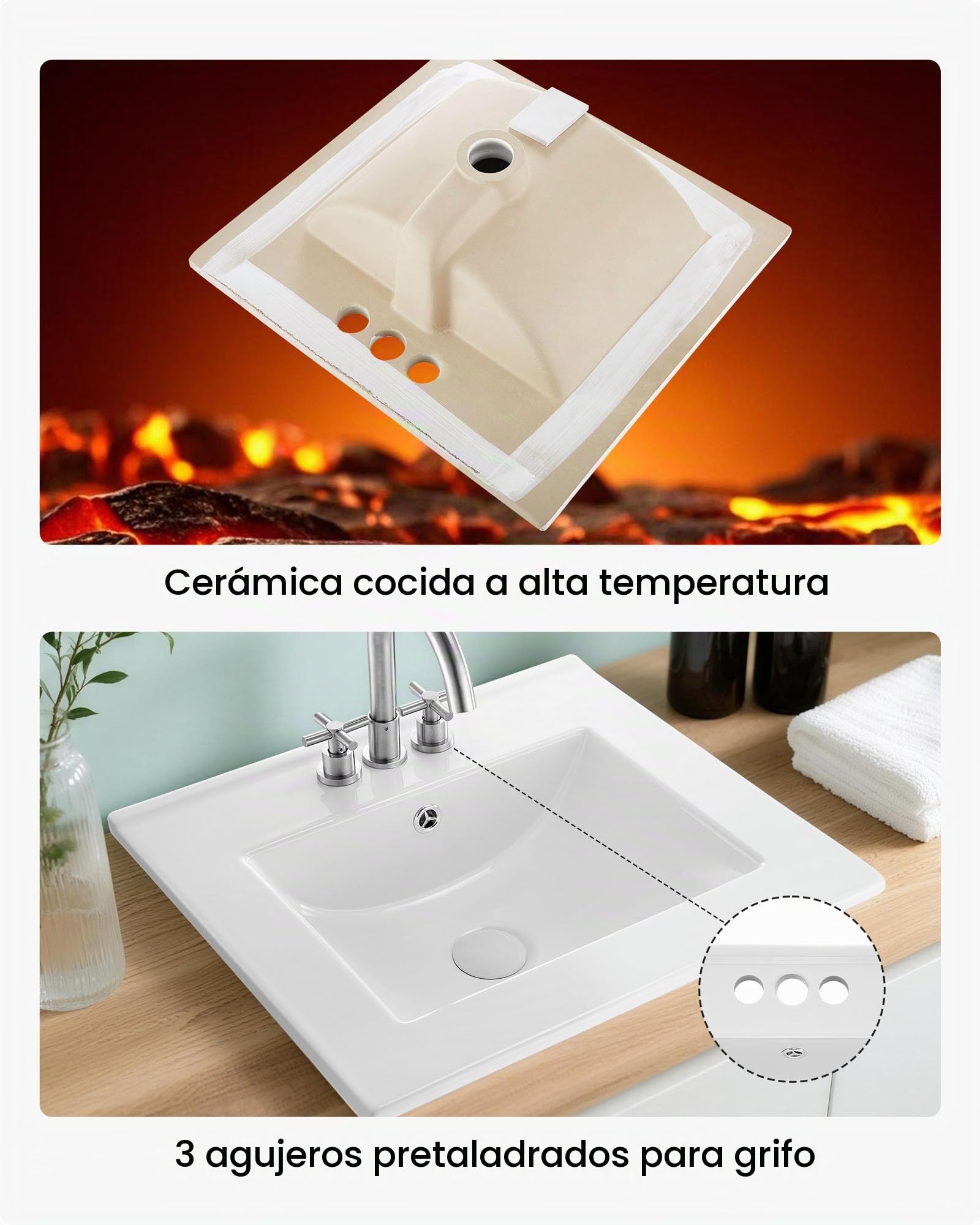 VEVOR Lavabo Semiencastrado Rectangular, 510 x 465 x 170 mm, Sobre Encimera con Rebosadero y 3 Orificios para Grifo, Moderno Lavabo Empotrado para Espacios Pequeños, Cocina y Baño, Color Blanco